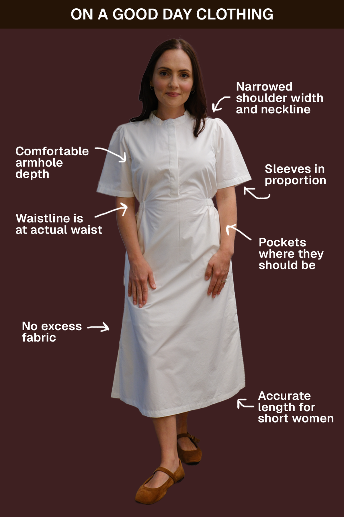 On A Good Day Clothing: Narrowed shoulder width and neckline. Comfortable armhole depth. Sleeves in proportion. Waistline is at actual waist. Pockets where they should be. No excess fabric. Accurate length for short women.